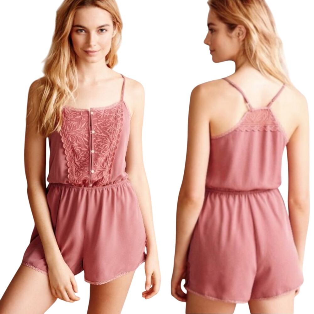 Anthropologie Eloise Alessa Romper Lace Trim Cinched Waist Mauve Pink Womens L
